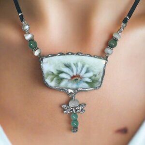 Broken China Daisy Pendant Necklace With Jade Dragonfly Charm & Silver Metalwork